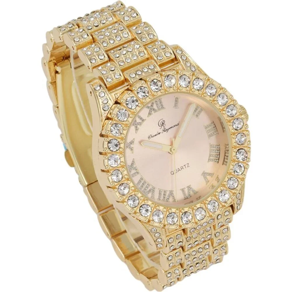 Women's Gold Blush Bezel Colored Dial Roman Numerals Iced Out Watch St10327la